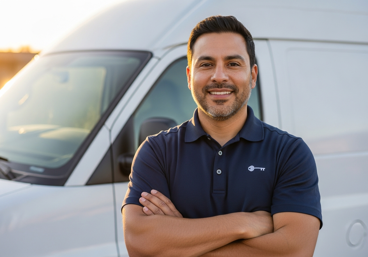 Hossam Araj, owner of NoWait Locksmith, with the service van